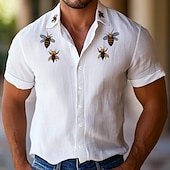 cheap Vacation-Men&#039;s Linen Shirt Summer Shirt Beach Wear Button Up Shirt Bee Vacation Holiday White Pink Blue Short Sleeve Turndown Summer Spring Clothing Apparel