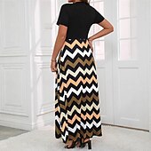 preiswerte Streifen- und geometrisches Kleid-Damen Maxikleid A Linie Kleid Sommerkleid Lässig Täglich Normale Passform Geometrisch Kurzarm Rundhalsausschnitt Gelb Sommer
