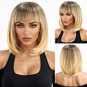 voordelige Synthetische trendy pruiken-Synthetische pruiken Kinky Recht Natuurlijk recht Asymmetrisch kapsel Strakke pony Machinegemaakt Pruik 30.5 cm A1 Synthetisch haar Dames Klassiek Comfortabel Kleurgradatie Blond