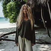 abordables Tops bohèmes-Femmes Chemises en coton et lin Chemisier occidental Uni Bohème ancien Boho manche longue Col ras du cou Hauts Réguliers Quotidien Fête Patchwork Vert Véronèse Été