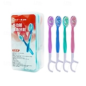 baratos Banho e cuidados pessoais-Mini escovas de dente descartáveis 5 em 1 com pasta de dente, raspador de língua, palitos, estojo de viagem para fio dental, escovas de dente de viagem pré-coladas para trabalho ou viagem, escovas