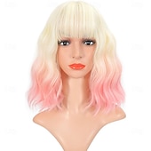 voordelige Synthetische trendy pruiken-Ombre 2-tone kleur krullende bob pruik met luchtpony natuurlijke krullende golvende korte bob pruiken schouderlange pruiken synthetische cosplay voor meisjes kleurrijke pruiken 12&#039;&#039; blond tot roze