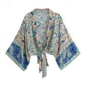 abordables Caftans-Femmes Maillots de Bain Vêtement couvrant Maillot de bain Nœud devant Tropical Tenues de plage Fleur Col en V manche longue Maillots de bain