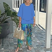 billige Blusedresser for kvinner-Damer 2 Deler Motemote Gateklesplagg Daglig Bukse Sett Halv Erme Crew Hals Blomster Grafisk Ferie Casual Daglig Rosa Blå Himmelblå Sommer Løs Fit