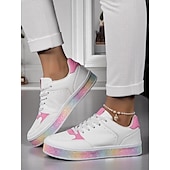 baratos Ténis de mulher-Tênis feminino branco e rosa com plataforma de glitter arco-íris, calçado casual com cadarço para uso diário e encontros
