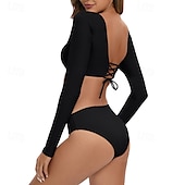 abordables Maillots une pièce et tankinis-Femmes Tankini Maillot De Bain Deux Pièces Dos Nu Maillot de Bain Couleur Unie Maillots de Bain Noir Respirant Séchage Rapide manche longue - Natation Surf Plongée en apnée Été