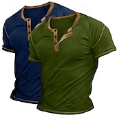 economico Maglietta casual Henley-Maglietta Henley da uomo in 2 pezzi, a maniche corte, semplice, con maniche raglan, alla moda, stile basic, con bottoni, confezione da 2, per vacanza, strada, casual, estate, tutte le stagioni.