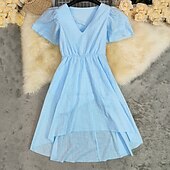 economico Abiti boho-Per donna Abito Midi Abito in cotone e lino Abito Boho Abito occidentale Moda Classico Moderno All&#039;aperto Quotidiano Ferie Vestibilità regolare Semplice Manica Corta Scollo a V Azzurro Estate
