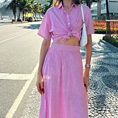olcso Készletek-Női Aktív Boho Ing Blúz Szoknya készletek Rövid ujjú Állógallér Csíkos Dubbele Rij Knopen Vakáció Alkalmi / Napi Arcpír rózsaszín Nyár Normál