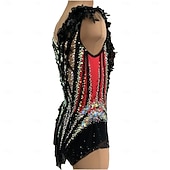 levne dres rytmické gymnastiky-Dámský dívčí dres na rytmickou gymnastiku, černý, s otvorem pro palec, barvení na halo, vysoká elasticita, profesionální soutěžní bruslařské oblečení, krystaly/kamínky, bez rukávů, bruslení na