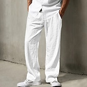 cheap Classic-Men&#039;s Linen Pants Trousers Summer Pants Baggy Pants Beach Pants Drawstring Elastic Waist Straight Leg Plain Comfort Breathable Full Length Daily Holiday Going out Fashion Classic Style Black White