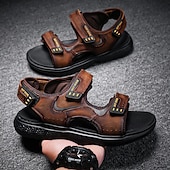 cheap Outdoor Sandals-Men&#039;s Brown Faux Leather and Mesh Sport Sandals with Dual Buckle Straps – Durable Outdoor Sandals for Hiking, Beach or Vacation Wear