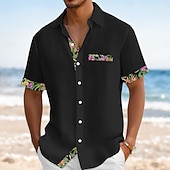voordelige Vakantie-Voor heren Overhemd Linnen overhemd Zomer overhemd Strand Kleding Overhemd met knopen Effen Kleur Vakantie Curise Zwart Wit Blozend Roze Groen Korte mouw Kraag Zomer Lente zomer Kleding Kleurenblok