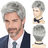 economico Parrucche storiche-Parrucca da uomo corta grigio argento, parrucche sintetiche a strati naturali per uomo, per Halloween quotidiano.