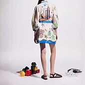 economico disegnare abiti in cotone e lino-Per donna Mini Abito Abiti in cotone e lino Vestito Casual Moda All&#039;aperto Feste Ferie Vestibilità regolare Graffiti Manica 3/4 Colletto a Camicia Blu Estate
