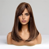 abordables Pelucas sintéticas de moda-Pelucas largas de color marrón mixto para mujer, peluca de cabello sintético en capas con flequillo parcial