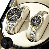 baratos Relógios Quartz-Conjunto de relógio de quartzo para casal, 2 peças – mostrador digital redondo, à prova d&#039;água ipx7, ponteiros luminosos, calendário duplo (data e dia), pulseira de liga, estilo empresarial unissex, ideal para encontros e presentes
