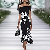 cheap Elegant Floral Dresses-Women&#039;s Midi Dress Floral Dress Elegant Fashion Outdoor Vacation Holiday Regular Fit Flower Short Sleeve Off Shoulder Black Light Green Light Blue Summer