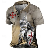 billige Men&#039;s Vintage Polo-Herre Tempelridderne Poloskjorter Golf skjorte Kortermet Poloskjorter Skjorter med krage Årgang Fritid Ferieklær Festivalklær Festantrekk Knapper 3D-utskrift Blå Brun kaffe