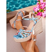 billiga Kvinnor-Damsandaler med blommönster och remmar, kilklack och justerbar vristrem, bekväma och snygga för sommar, strand och semester