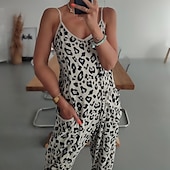 abordables monos casuales-Mujer Normal Mono Ropa de calle Leopardo Sin Mangas Escote en Pico Estampado Calle Noche Ajuste regular Blanco Verano