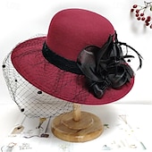 cheap Party Hats-Vintage Fedora Bucket Hat with Removable Mesh Flowers Feathers Elegant Ladies Bowler Hat Winter Warm Wide Brim Church Derby Hat for Wedding Race Banquet
