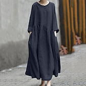 abordables robes imprimées en coton et lin-Femmes Robe Midi Robe en coton et lin Classique Moderne Extérieur Vacances Fête Coupe régulière Uni manche longue Col ras du cou Noir Rouge Vert Été
