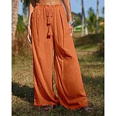 cheap Plain Cotton Linen Pant-Women&#039;s Cotton Linen Pants Slacks Streetwear Casual Full Length Natural Plain Pocket Elastic Drawstring Design Comfy Outdoor Vacation Going out Orange Beige Summer Regular Fit