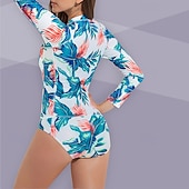 baratos Rash Guards de Uma Peça-Mulheres Anti Atrito roupa de banho Tropical Zíper Frontal Proteção Solar UV UPF50+ Secagem Rápida Manga Longa Roupa de Banho Roupa de banho Surfe Praia Esportes Aquáticos Verão