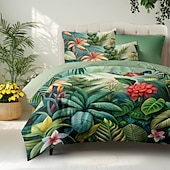 baratos 100% algodão-Cobertor de Edredom de Plantas Tropicais 100% Algodão Conjunto de Cama Tamanho Casal Cobertura de Colchão Macia Confortável e Leve com 2 Fronhas para Todas as Estações