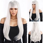 abordables Perruques Synthétiques Sans Bonnet-Perruque Synthétique Droit crépu Lisse naturel Coupe dégradée Avec frange Fabriqué à la Machine Perruque 24 pouces A1 Cheveux synthétiques Femmes Classique Confortable Dégradé de couleur Blanc