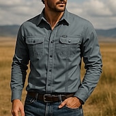 cheap Men&#039;s Work Shirts-Men&#039;s Shirt Summer Shirt Casual Shirt Beach Shirt Button Up Shirt White Navy Blue khaki Gray Long Sleeve Plain Lapel Vacation Hawaiian Pocket Clothing Apparel Polyester Fashion Casual Comfortable