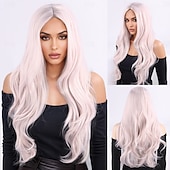 baratos Perucas Sintéticas sem Touca-Perucas sintéticas Ondulado Ondas Soltas Corte em Camadas Com Franjas Fabrico à Máquina Peruca 28 polegadas A1 Cabelo Sintético Mulheres Elástico Clássico Confortável Branco