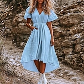 economico Abiti boho-Per donna Abito Midi Abito in cotone e lino Abito Boho Abito occidentale Moda Classico Moderno All&#039;aperto Quotidiano Ferie Vestibilità regolare Semplice Manica Corta Scollo a V Azzurro Estate