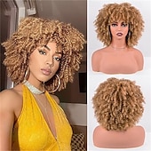 abordables Perruques historiques-Perruques afro pour femmes noires 10 pouces 230g/pièce Perruque synthétique résistante à la chaleur avec des frisottis courts et une frange pour fête des années 70 Halloween