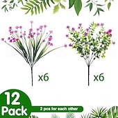 baratos Plantas e Flores Artificiais-12 maços de flores artificiais para áreas externas, eucalipto artificial, grama de primavera, camélia e folhas de salgueiro de plástico, vegetação artificial resistente a raios UV para jardim, casa,