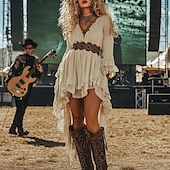 ieftine Rochii Boho-Pentru femei Rochii Midi Rochie de epoca Epocă Modă În aer liber Vacanță Sfârșit de săptămână Fit regulat Simplu Manșon Lung În V Bej Vară