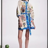 economico disegnare abiti in cotone e lino-Per donna Mini Abito Abiti in cotone e lino Vestito Casual Moda All&#039;aperto Feste Ferie Vestibilità regolare Graffiti Manica 3/4 Colletto a Camicia Blu Estate