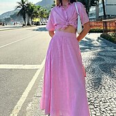 olcso Készletek-Női Aktív Boho Ing Blúz Szoknya készletek Rövid ujjú Állógallér Csíkos Dubbele Rij Knopen Vakáció Alkalmi / Napi Arcpír rózsaszín Nyár Normál