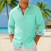 preiswerte Freizeithemden für Herren-Herren Hemd Sommerhemd Freizeithemd Strandhemd Knopfhemd Gelb Rosa Grün Grau Langarm Bedruckt Revers Urlaub Hawaiianisch Tasche Bekleidung Polyester Mode Lässig Bequem