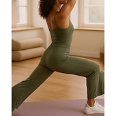 billiga vida ben och raka byxor-Dam Yogajumpsuit Onesie Ficka Henley Yoga Kondition Pilates Vida byxor med linne Svart Grön sporter Sportkläder Microelastisk