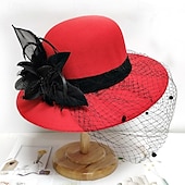 cheap Party Hats-Vintage Fedora Bucket Hat with Removable Mesh Flowers Feathers Elegant Ladies Bowler Hat Winter Warm Wide Brim Church Derby Hat for Wedding Race Banquet
