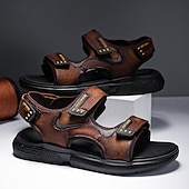 cheap Outdoor Sandals-Men&#039;s Brown Faux Leather and Mesh Sport Sandals with Dual Buckle Straps – Durable Outdoor Sandals for Hiking, Beach or Vacation Wear