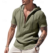 cheap Vacation-Men&#039;s Shirt Linen Shirt Popover Shirt Casual Shirt Cotton Shirt Plain Vacation Street Black White Navy Blue Brown Short Sleeve Hooded Summer Clothing Apparel Lace up