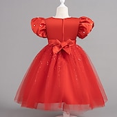preiswerte Partykleider-Kleinkind Mädchen Partykleid Pailletten Kurzarm Hochzeit Party Netz Reißverschluss Knotenbinde Niedlich Prinzessin Polyester Knielang Paillettenkleid Partykleid Sommer Frühling Herbst 4-7 Jahre Wei