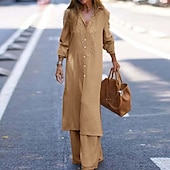 abordables Ensembles chemisiers pour femmes-Femmes Actif Mode Chemisier Ensembles de Pantalons manche longue Col de chemise Couleur Unie Dubbele Rij Knopen Vacances Fête Vert Véronèse Bleu Marine Kaki Été Coupe régulière
