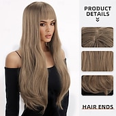 voordelige Synthetische trendy pruiken-synthetische pruik kinky recht recht gelaagd kapsel met pony pruik 24 inch a1 synthetisch haar dames klassiek comfortabel kleurverloop bruin