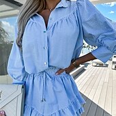 baratos Conjuntos-Mulheres Moda Roupa de rua Camisas de algodão e linho Conjuntos de linho de algodão Conjuntos de shorts Manga Longa Colarinho de Camisa Listrado Imprimir Roupa Diária Encontro Rosa Azul Cinzento Verão