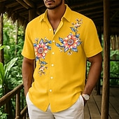 economico Vacanza-Per uomo Camicia Camicia di lino Camicia Estiva Camicia da Spiaggia Camicia con Bottoni Floreale Casuale Ferie Giallo Rosa Blu marino Verde Manica Corta Collo ripiegato Estate Abbigliamento Tasca
