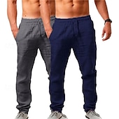 baratos Clássico-Pacote com 2 calças de linho masculinas, calças de verão, calças largas, calças de praia, cordão, cintura elástica, lisas, confortáveis, respiráveis, comprimento total, uso ao ar livre, diário, moda de férias, estilo clássico, branco + azul celeste